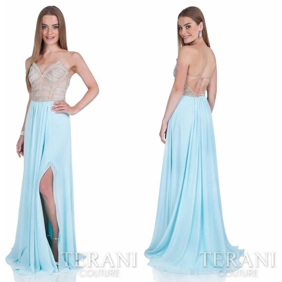 NWT Terani Couture Strapless Blue Gold Jeweled Formal Gown $495 - Picture 1 of 13